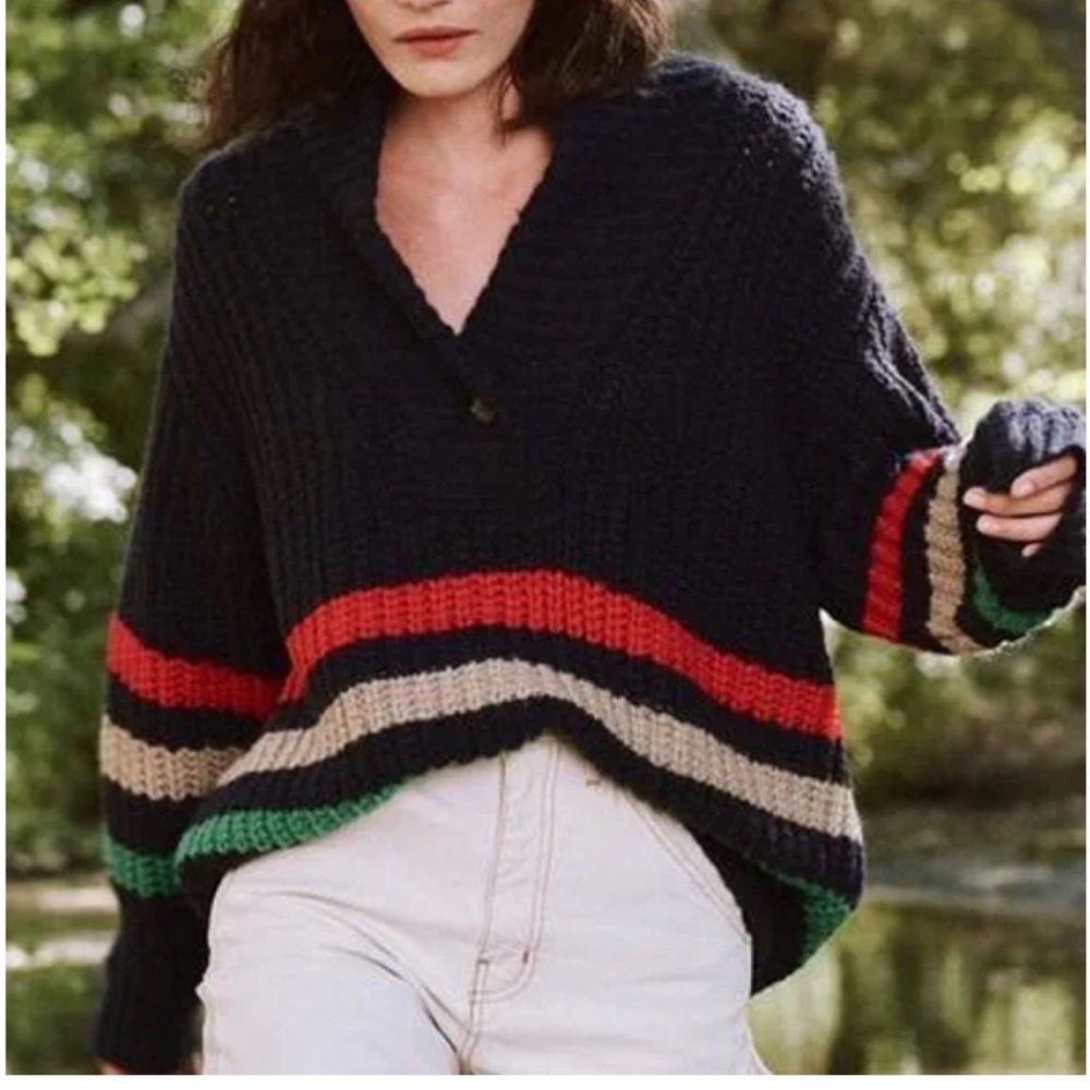 The Great. Striped Henley Pullover Sweater, Size 0